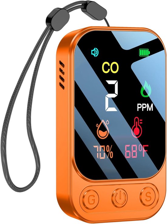 Koolstofmonoxide Melder - Digitaal LCD‑Display - Gasdetector voor Thuis - 0‑999 PPM meetbereik - Compact Luchtkwaliteitsmeter - Temperatuur meter - Luchtvochtigheidsmeter - Geschikt voor camper en meerdere woonruimtes - Oranje - Draagbare constructie