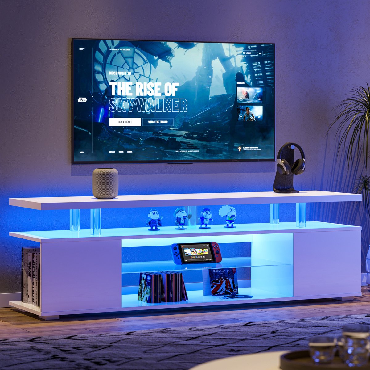 MEUNIQ TV-meubel 130 x 40 x 48 cm met LED-verlichting, 3 gesloten opbergvakken en open vak voor 60 inch televisie, woonkamer, wit