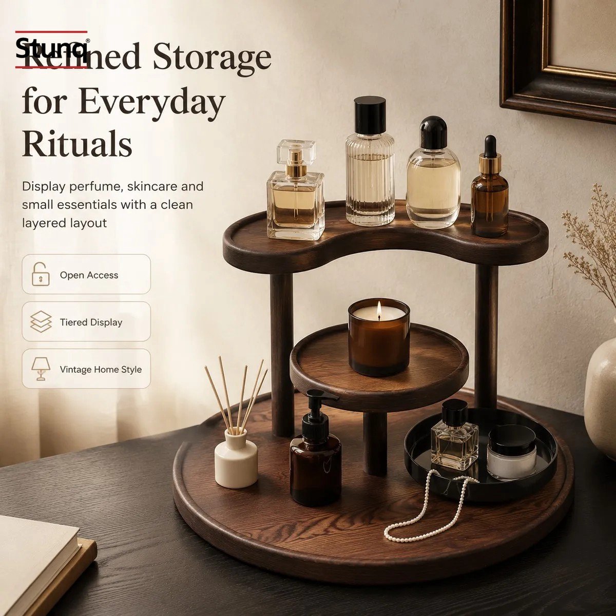 Stunq® Donkerbruin Houten Opbergrek 3 Niveaus – Etagère voor Make-up, Parfum en Sieraden