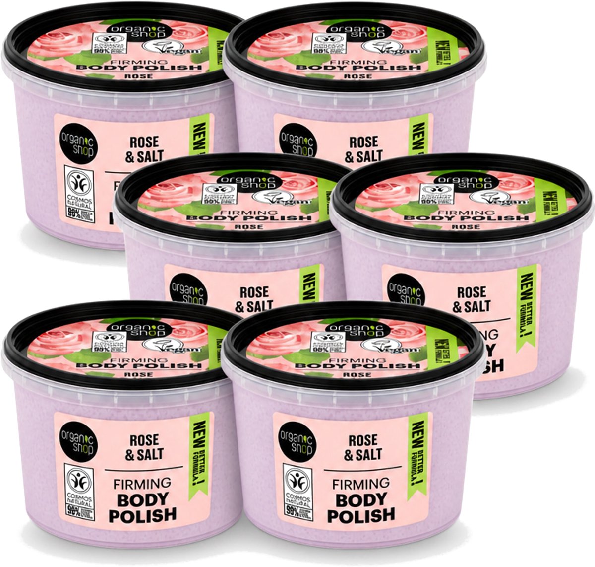 6 x Organic Shop - Body Scrub Rose - Hydraterend en Verzorgend - 250 ml - Voordeelverpakking - 6 stuks