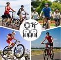 Een collage van fietsers en fietsonderdelen. Mannen, vrouwen en kinderen fietsen in verschillende omgevingen: langs een meer, op een bergpad en op een weg. Centraal zijn zwarte fietsremmen afgebeeld.