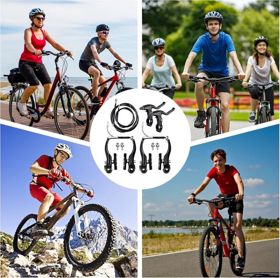 Een collage van fietsers en fietsonderdelen. Mannen, vrouwen en kinderen fietsen in verschillende omgevingen: langs een meer, op een bergpad en op een weg. Centraal zijn zwarte fietsremmen afgebeeld.