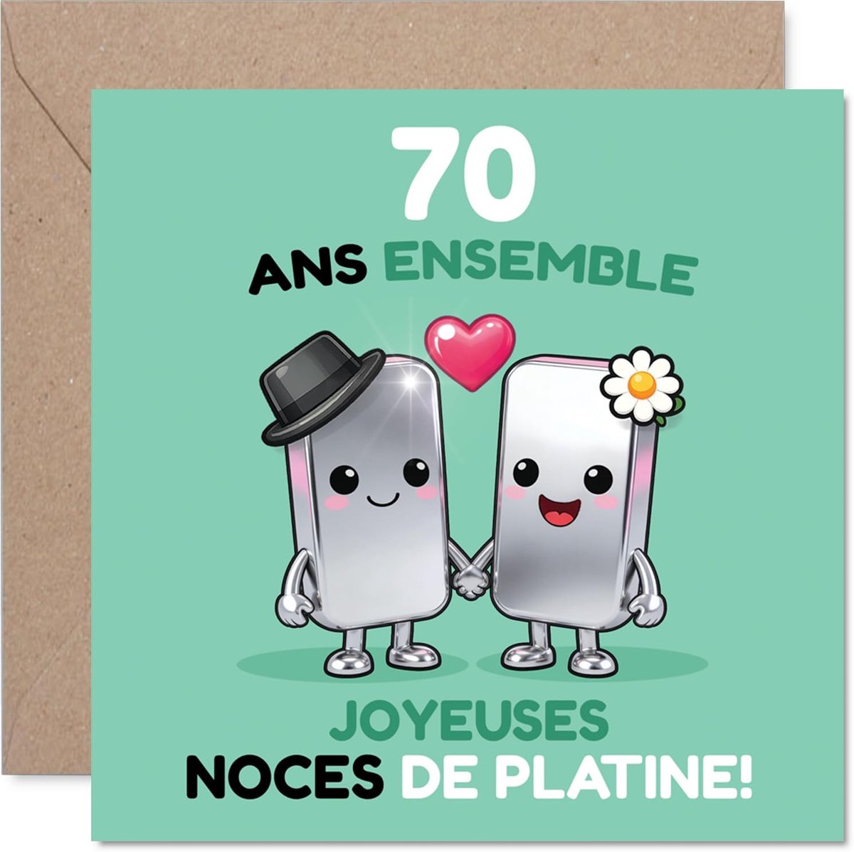 Carte d'Anniversaire de Mariage 70 Ans - Ambiance Festive et Joyeuse - Couple Cartoon Célébrant 70 Ans de Mariage - 145 mm Carré, Enveloppe Incluse