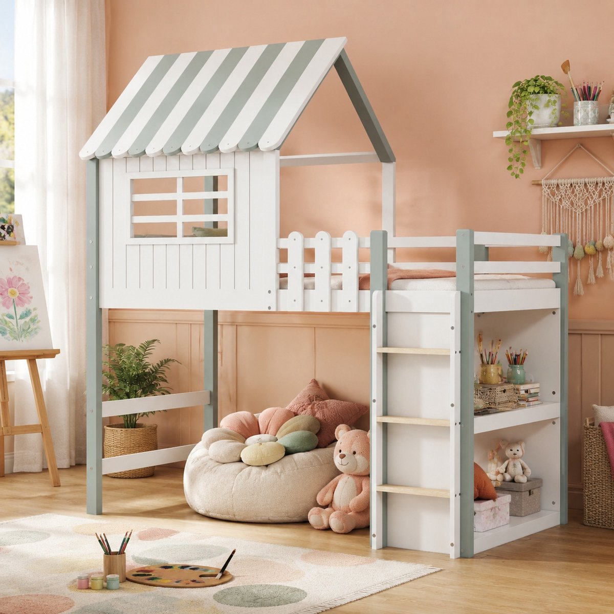 MEUNIQ Hoog laag bed 90 x 200 cm huisbed met veiligheidsladder, opbergruimte, lattenbodem en valbeveiliging voor de kinderkamer - Groen