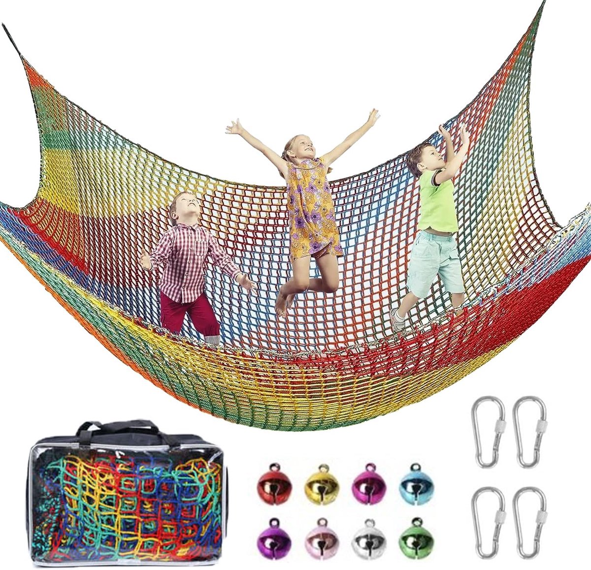 Klimnet voor speelplaats, 2 x 3 m, dubbellaags, veiligheidsnet voor kinderen, 4 haken, 8 bellen, voor gebruik binnen en buiten, valpreventie (regenboog)