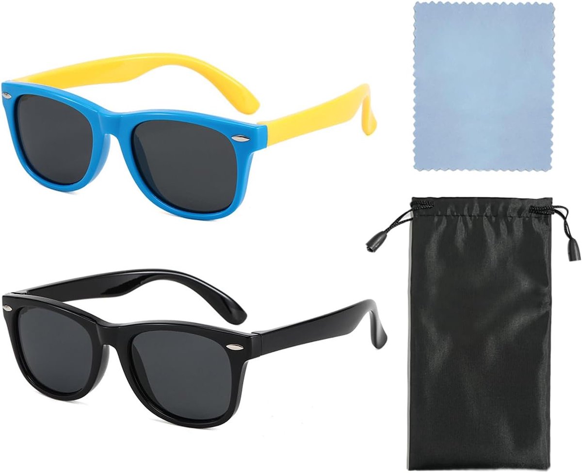 Zonnebril voor kinderen, 2 stuks, met etui en doek, uv-bescherming, modieus voor jongens en meisjes (blauw, zwart)