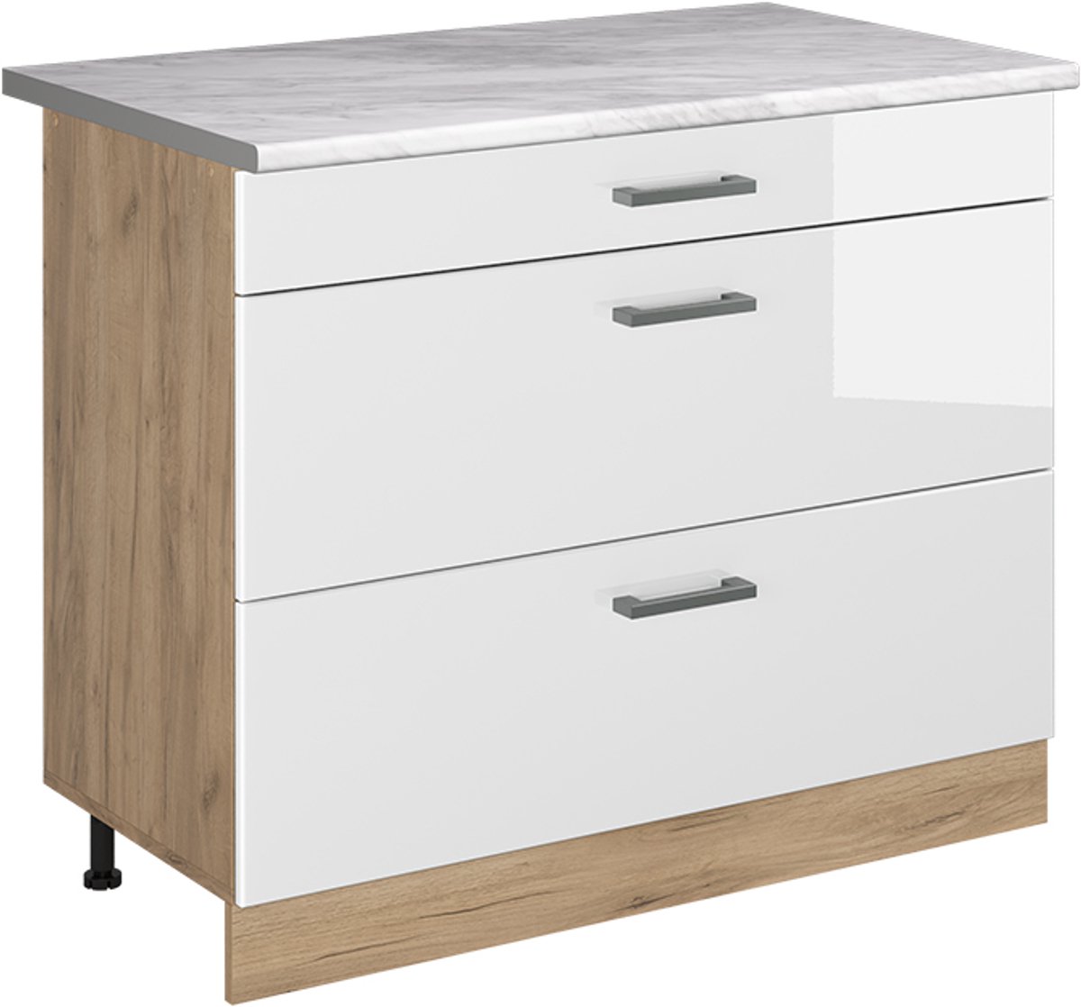Vicco Keukenonderkast R-Line, Wit Hoogglans/Goudkleurig Eiken, 100 cm marmer werkblad