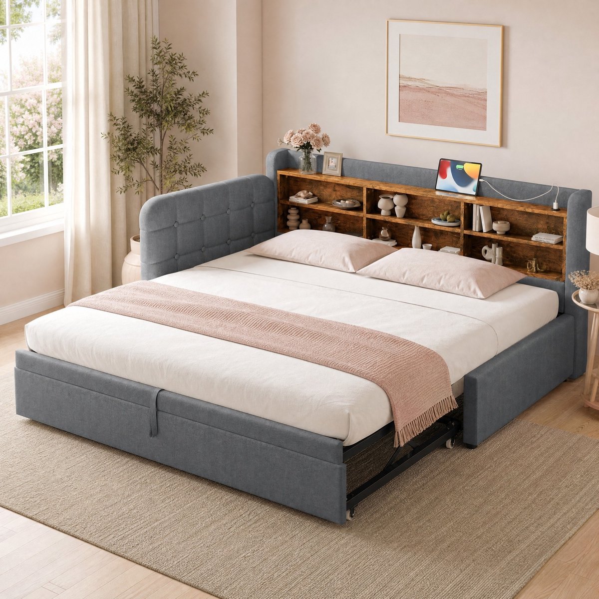MEUNIQ Slaapbank 90 x 200 cm met uitschuifbed, lattenbodem, opbergvakken en USB-/Type-C-aansluitingen voor slaapkamer, grijs