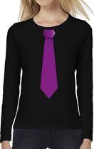 Stropdas paars long sleeve t-shirt zwart voor dames- zwart shirt met lange mouwen en stropdas bedrukking voor dames XXL