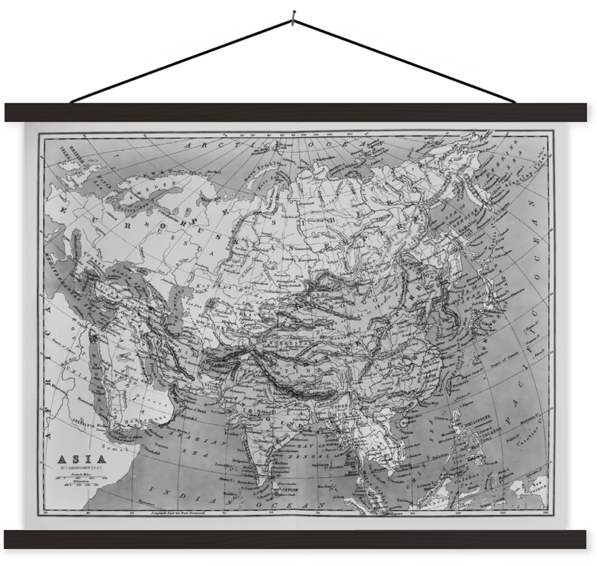 Posterhanger incl. Poster 60x45 cm - Schoolplaat - Klassieke wereldkaart zwart wit - Textielposter - Zwarte latten