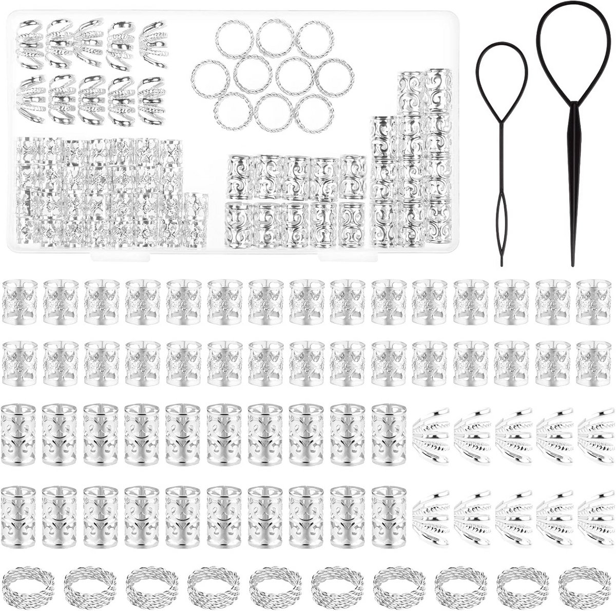 70 Delige Set Haar Ringen & Cuffs voor Dreadlocks - Verstelbare Vlecht Accessoires - Zilver