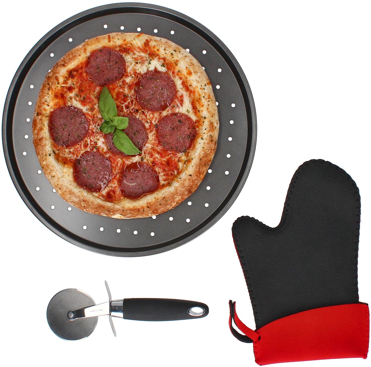 3-delige pizzabakenset TAVA 1x bak, 1x pizzasnijder & 1x handschoen – 89954