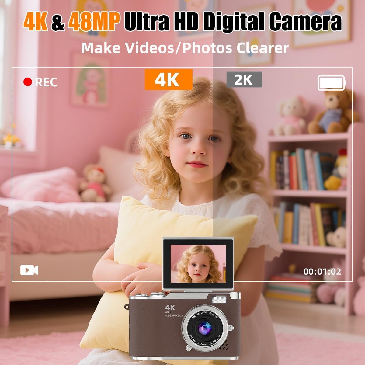 Digitale camera - 4K Digitale Camera 48MP met Flip Screen – Selfiecamera met 8x Zoom + 32GB Geheugenkaart - met 2,4 inch HD-kantelscherm, ingebouwd LED-invullicht - Vlogcamera - digitale camera kinderen - voor tieners en studenten (Bruin) thumbnail 2