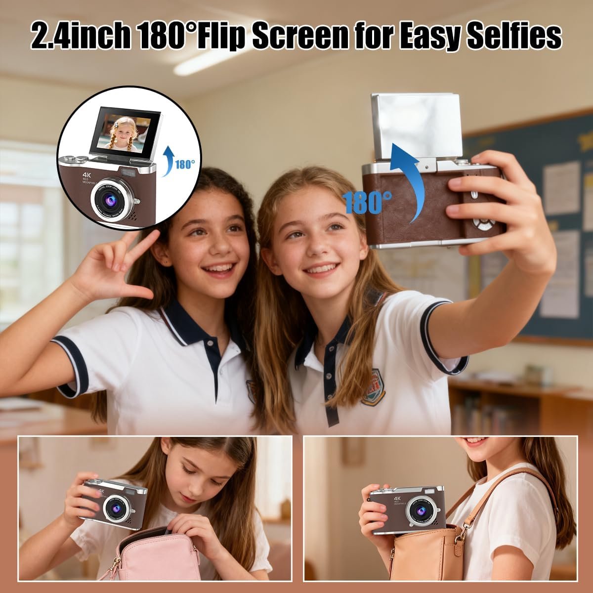 Digitale camera - 4K Digitale Camera 48MP met Flip Screen – Selfiecamera met 8x Zoom + 32GB Geheugenkaart - met 2,4 inch HD-kantelscherm, ingebouwd LED-invullicht - Vlogcamera - digitale camera kinderen - voor tieners en studenten (Bruin) thumbnail 6