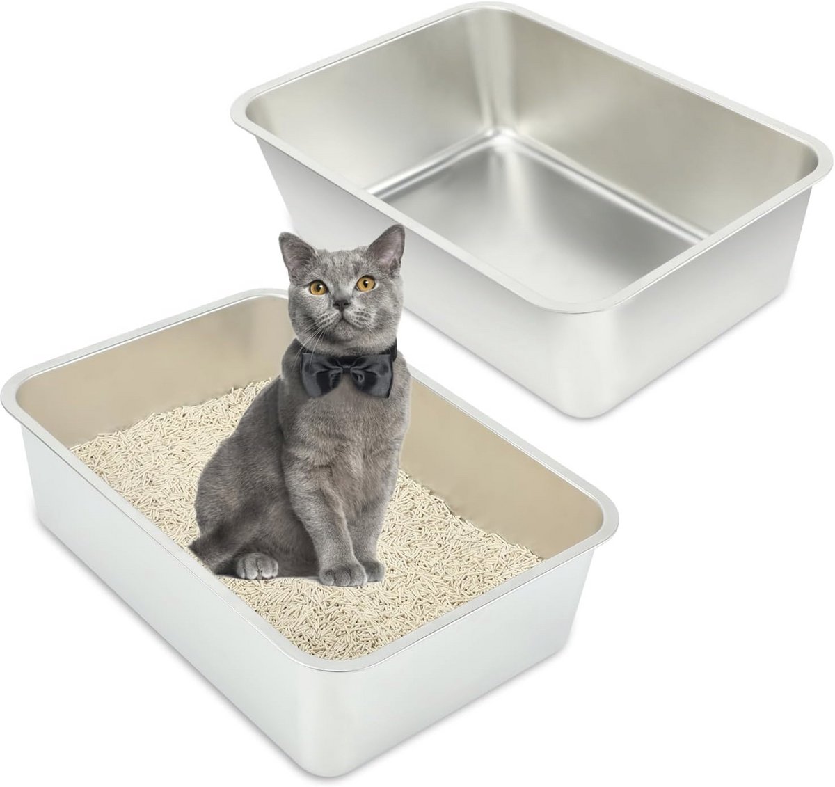 Grote kattenbak 2 stuks voor grote konijnen en katten - roestvrij staal, gemakkelijk te reinigen en vlekvrij