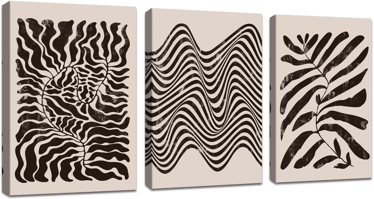 Unyqoos Set van drie abstracte zwart-wit canvasmuurkunst met houten lijst voor interieurdecoratie beige