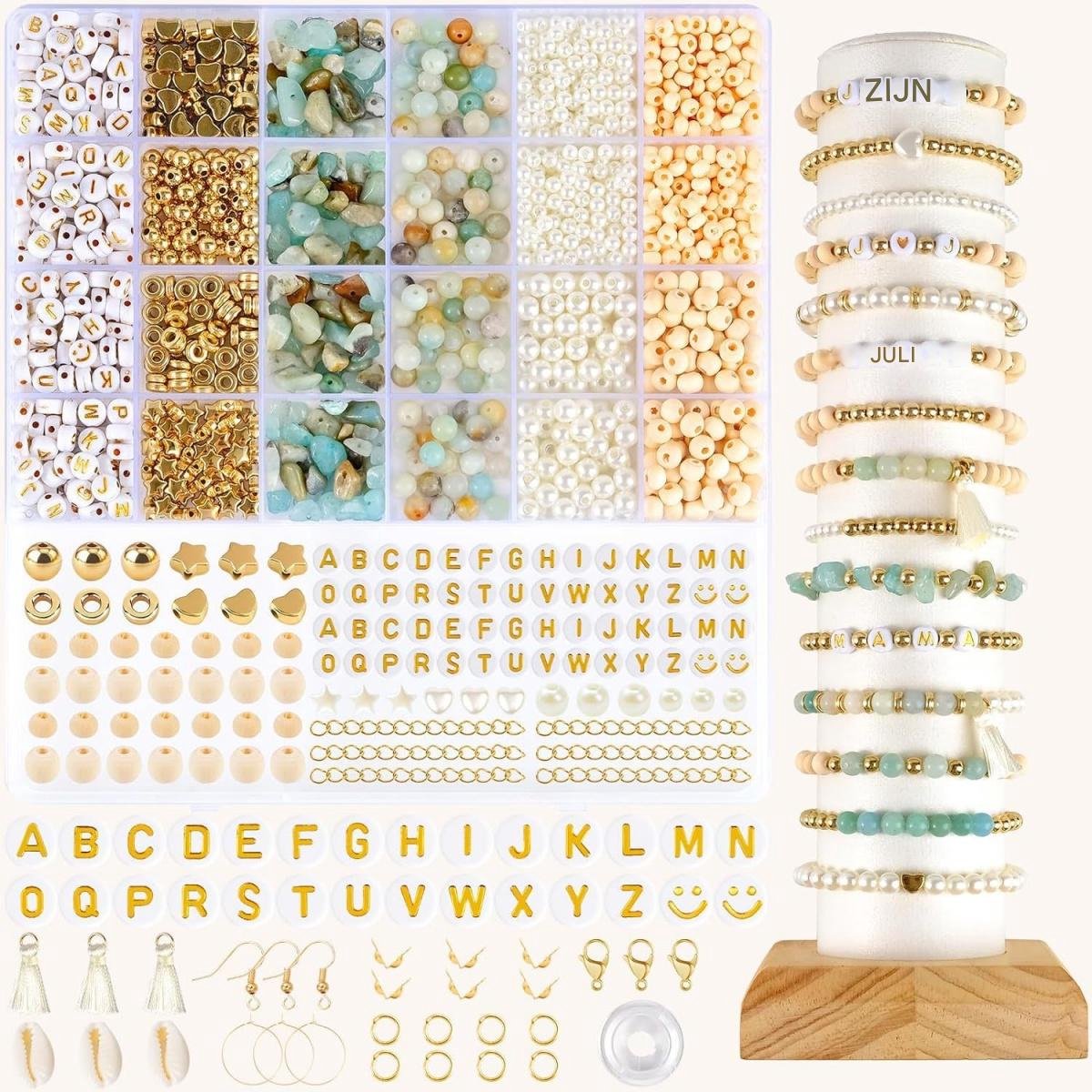 GELLDG Armbandenset met natuurstenen kralen - Edelsteen kralenset - Natuurstenen kralen met houten kralen - Armband in bohemian stijl - DIY sieradenmaakset - Geschikt voor feestjes, verjaardagen, vakantie, enz.