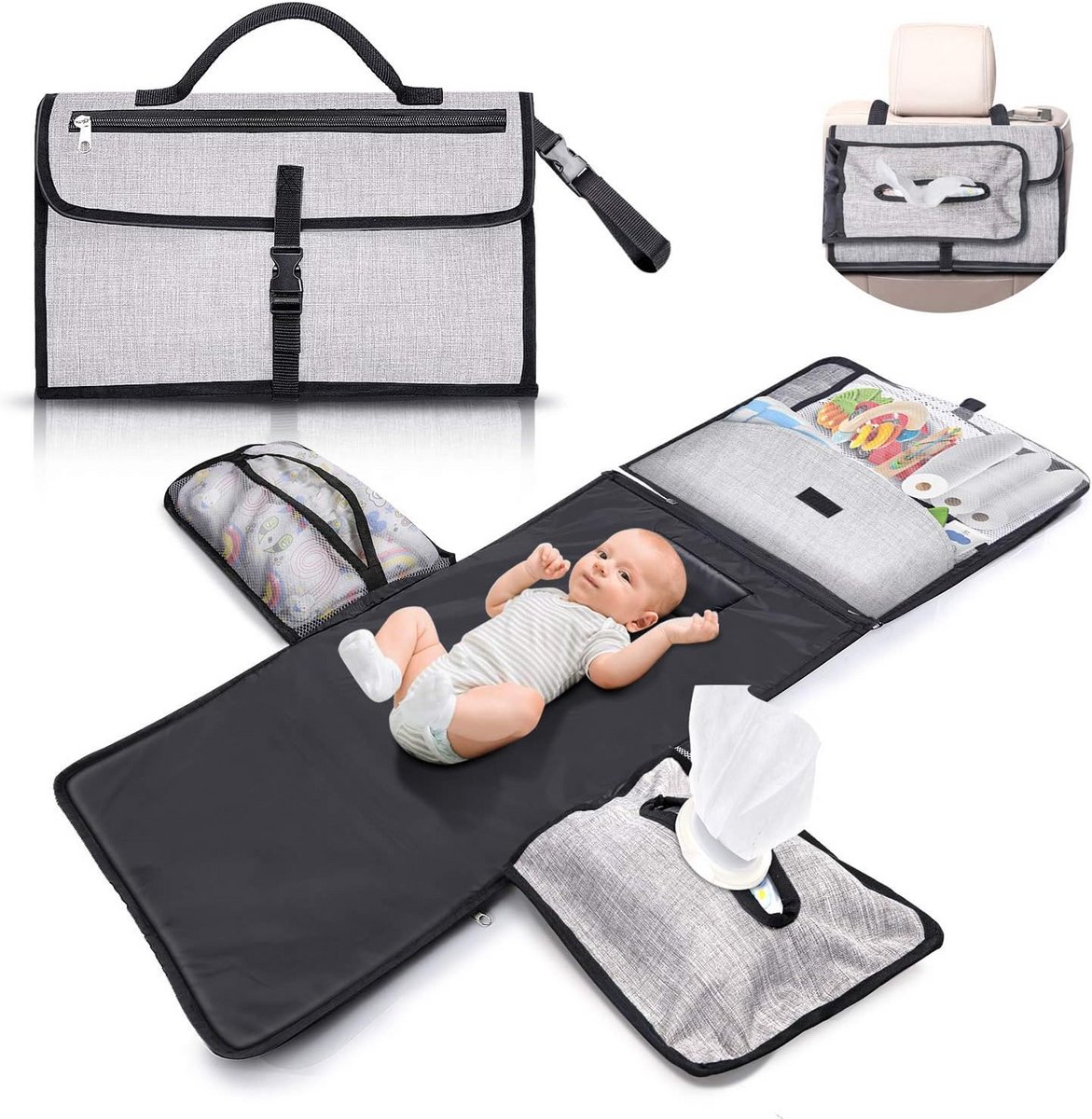 Compacte XL Wikkelmat met 6 Vakken, Luiertas en Comfortabel Kussen