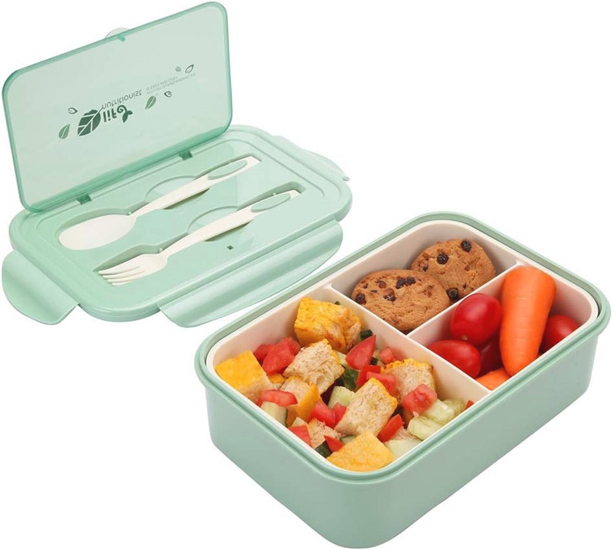 Bento-Lunchbox 1000 ml - Duurzame Voedselcontainer met 3 Compartimenten en Bestek voor Magnetron en Vaatwasser