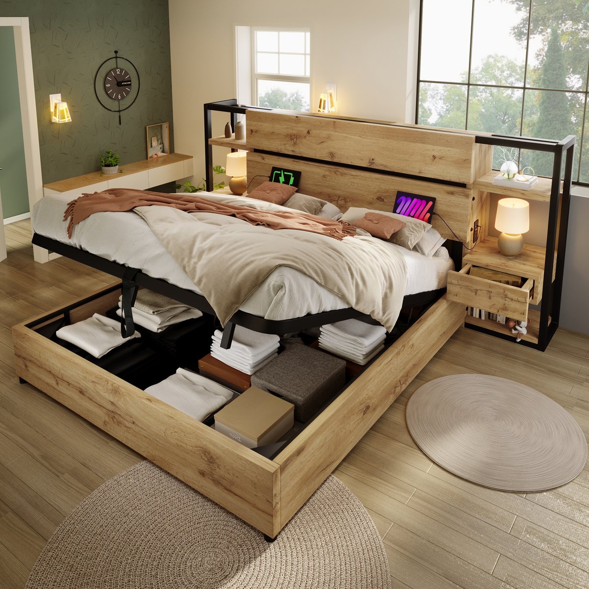 OKWISH Houten Bed 180x200 cm - Hydraulisch Opbergbed - USB & Type-C Oplader - MDF/Metaal Industrieel - Lichtbruin - Zonder matras