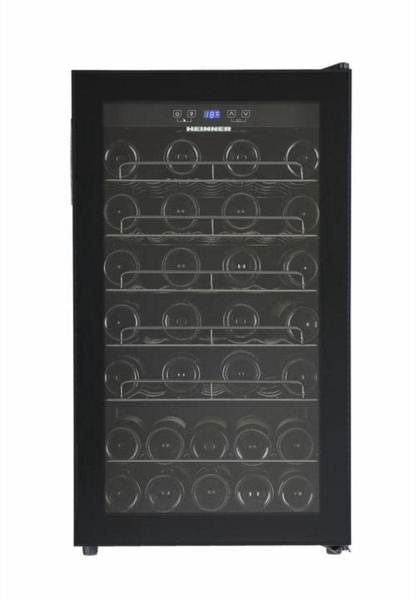 Heinner HRV-A118DRM40 Wijnkoelkast – 118 L – Geschikt voor 40 Flessen – LED-display – 5+1 Verchroomde Metalen Leggers – Omkeerbare Deur – Zwart