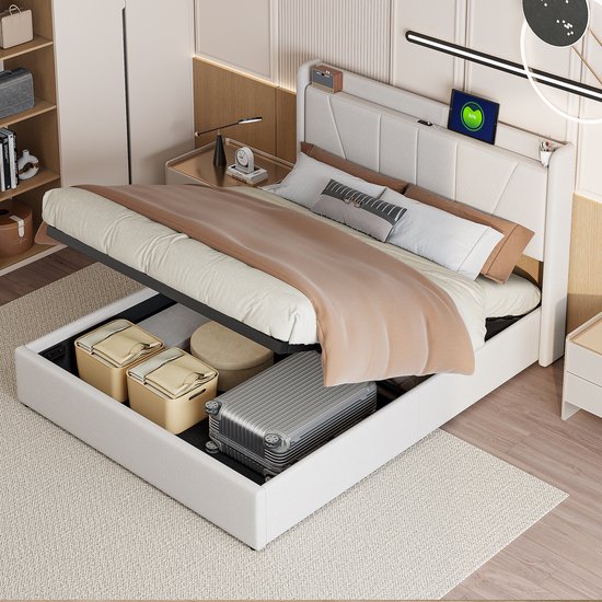Stijlvol gestoffeerd bed 160×200 cm – Linnenlook met USB-oplaadpunt & gasdruksysteem – Comfortabel dubbelsbed