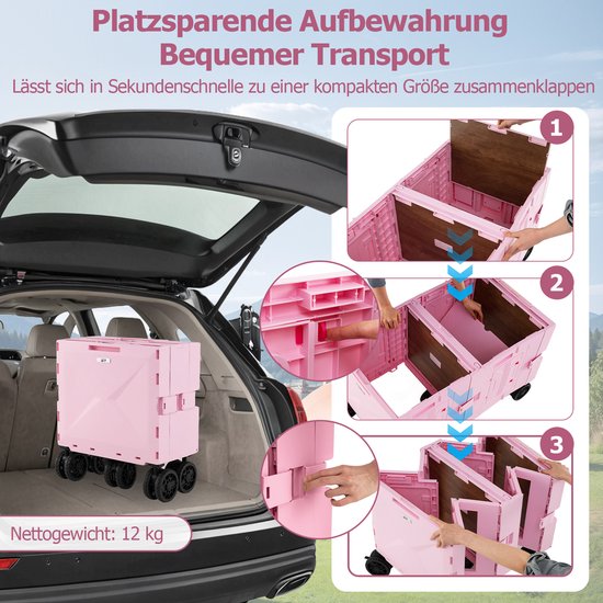 COSTWAY Bolderkar, opvouwbaar, handwagen met tafelblad, 2 opbergkisten, verstelbare handgreep en bekerhouders, 150 l, tuinwagen tot 60 kg belastbaar, transportwagen voor camping (roze) van Merkloos — afbeelding 2