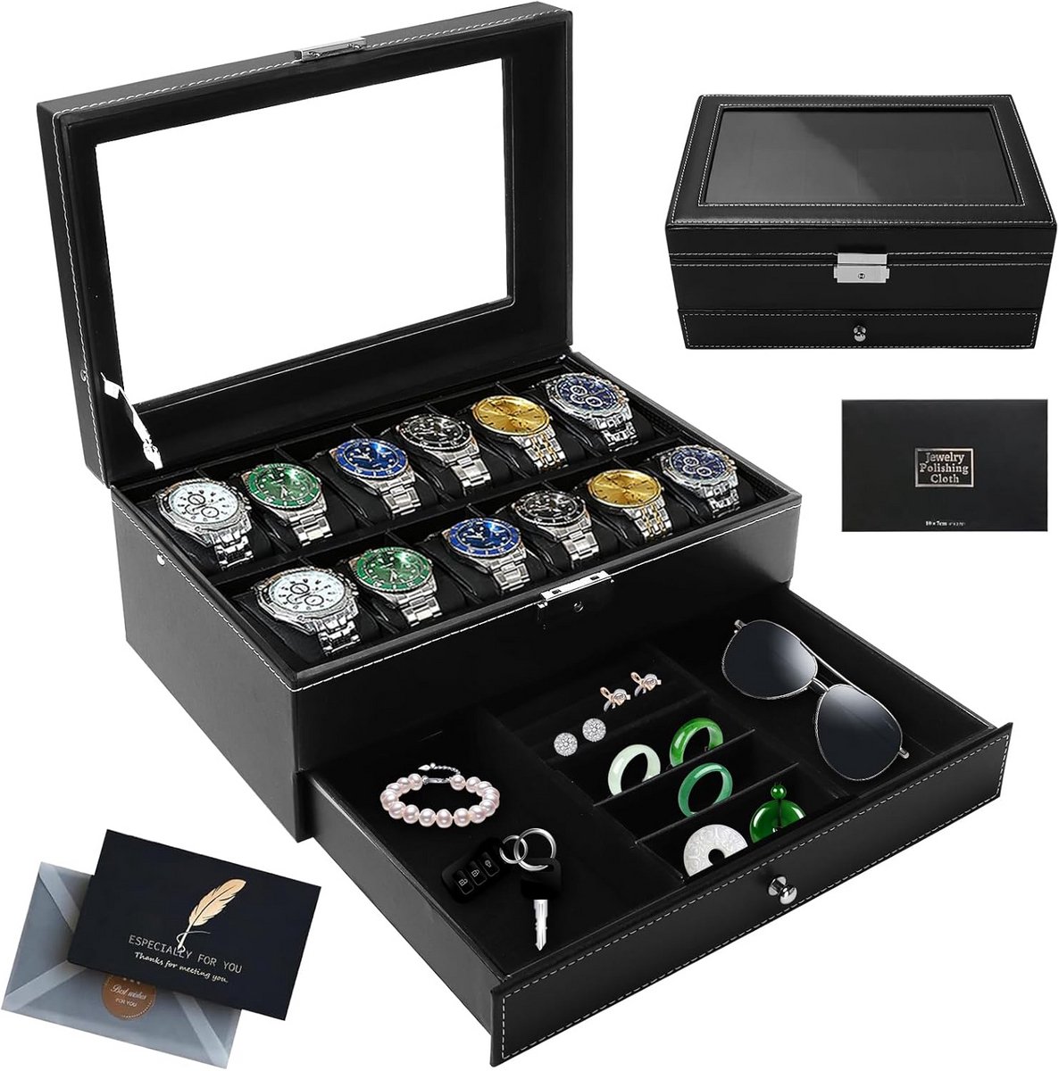 Luxe Horlogedoos voor 12 horloges met glazen deksel en lade