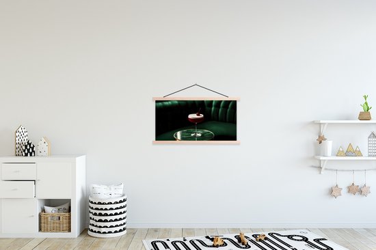Posterhanger incl. Poster 90x45 cm - Schoolplaat - Kers - Cocktail - Rood - Marmer - Textielposter - Blanke latten