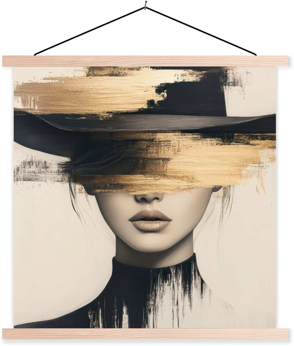 Posterhanger incl. Poster 120x120 cm - Schoolplaat - Vrouw - Hoed - Verf - Textielposter -