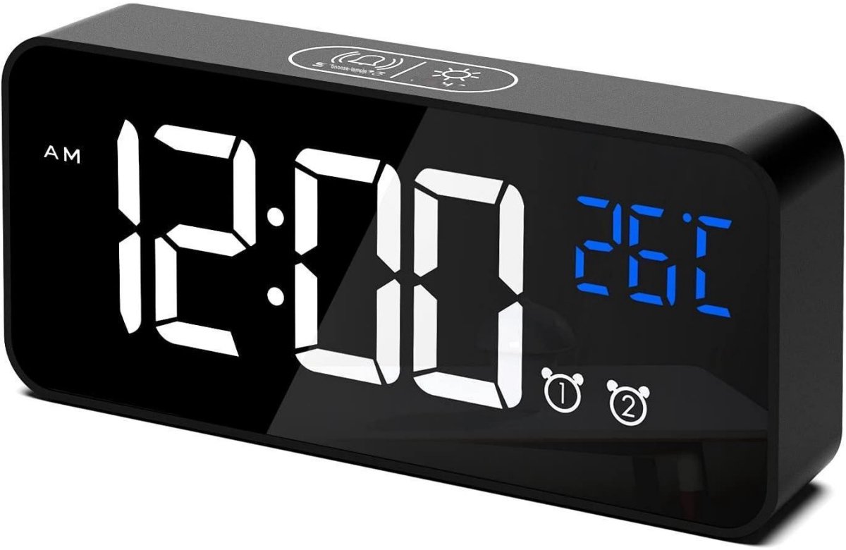 GELLDG LED digitale klok - Met temperatuurweergave - Draagbare spiegelwekker - Bureauklok - 2 alarmen - 13 alarmtonen - USB oplaadbaar - 4 instelbare helderheids- en volumestanden - 12/24-uurs weergave