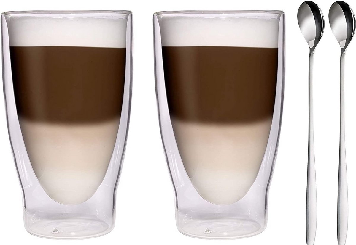 Dubbelwandige Latte Macchiato Glazen met Lepels - Set van 2 (370 ml)