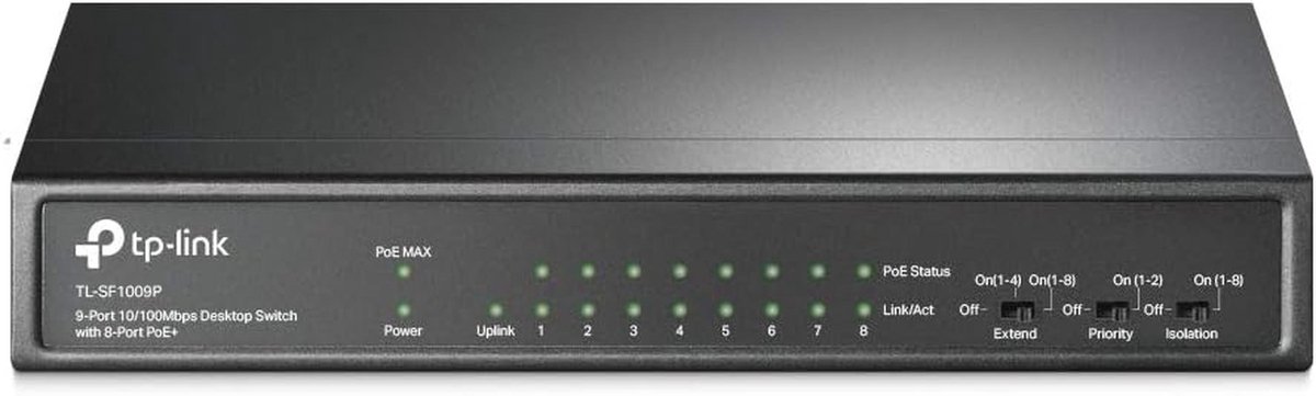 Netwerkswitch 10/100 Unmanaged met PoE-ondersteuning en 9 poorten