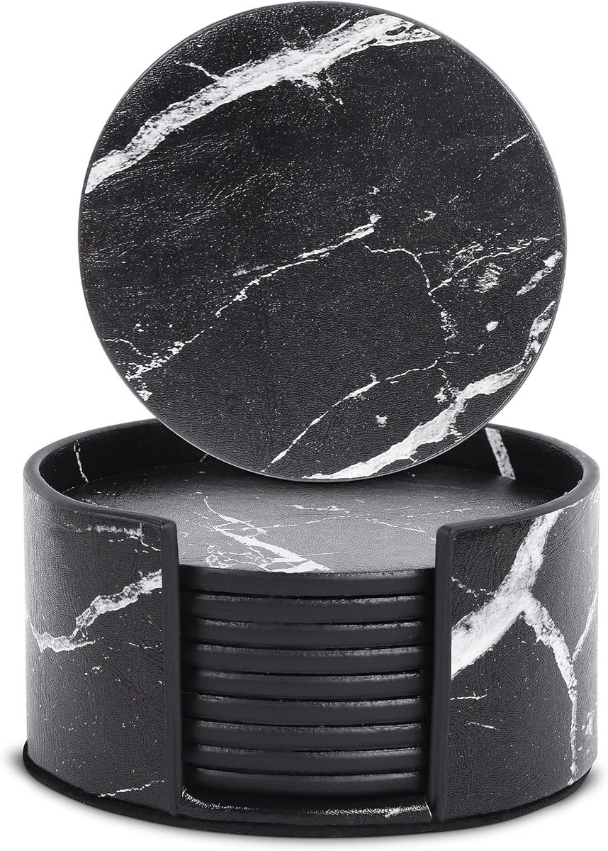 Set van 10 Design Onderzetters van Kunstleer met Houder - Zwart