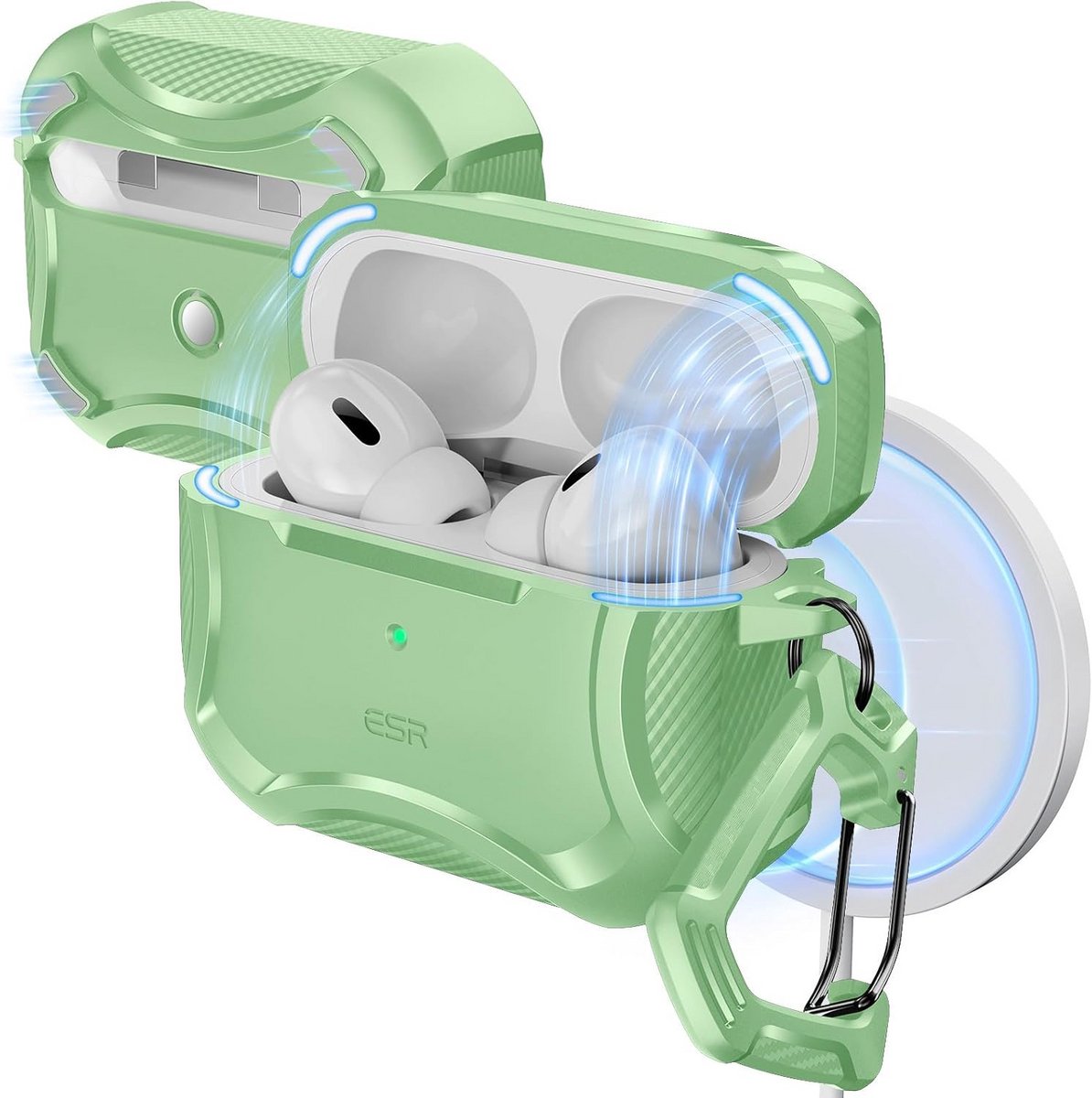 Robuuste Cyber Armor Beschermhoes voor AirPods Pro 2 & 1 - MagSafe & Valbeveiliging - Lichtgroen