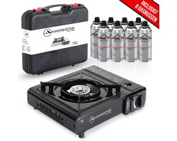Hikemeister ® camping kooktoestel 1 pit 2200 KW draagbaar – Zwart – Inclusief 8 gasbussen – Butaangas Gasstel Gasfornuis Gaspit - Campingkooktoestel Gas Kookplaat - Met Koffer