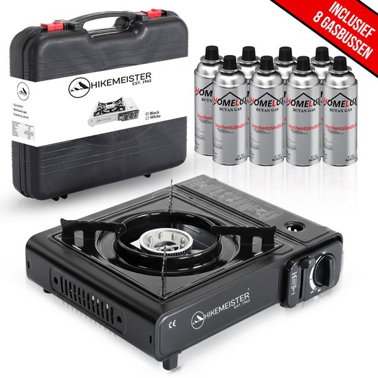 Hikemeister ® camping kooktoestel 1 pit 2200 KW draagbaar – Zwart – Inclusief 8 gasbussen – Butaangas Gasstel Gasfornuis Gaspit - Campingkooktoestel Gas Kookplaat - Met Koffer