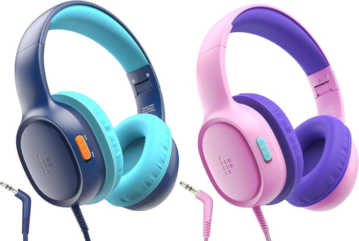 Veilige kinderhoofdtelefoon met volume limiter, opvouwbaar en comfortabel, 3,5 mm aansluiting, ideaal voor studie en entertainment