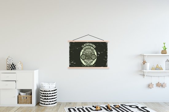 Textielposter met vintage motorfiets print "Classic Racing Team" met blanke latten.