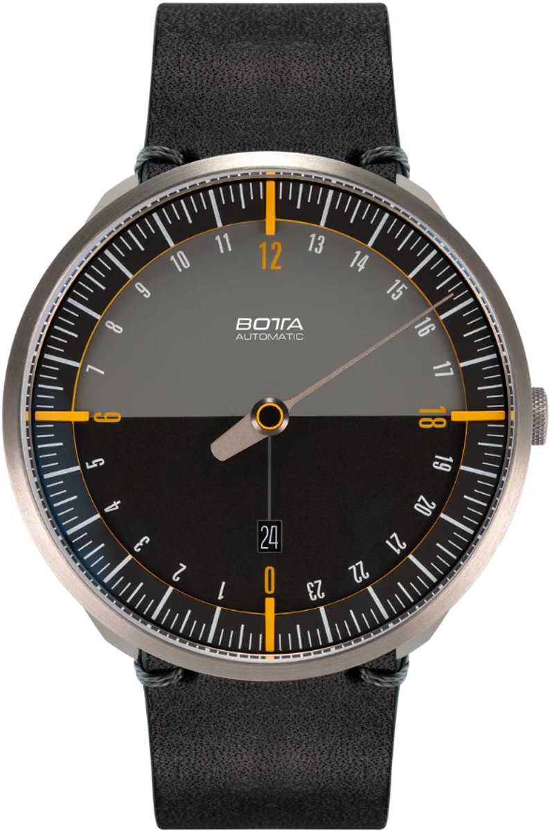 BOTTA Horloge UNO 24 Automatisch 24-uurs - Eenwijzer - Zwart-Oranje - Zwart Leren Band - 45 mm