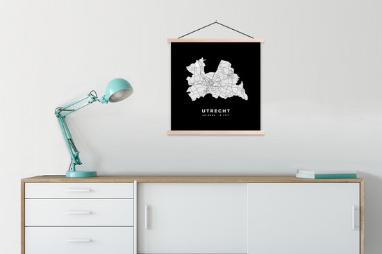 Posterhanger incl. Poster 90x90 cm - Schoolplaat - Utrecht - Wegenkaart Nederland - Zwart - Textielposter - Blanke latten