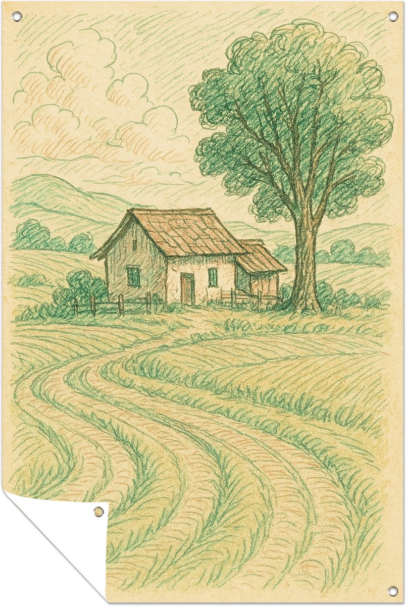 Boom bij boerderij – wanddecoratie buiten – Tuinposter – 70x105 cm
