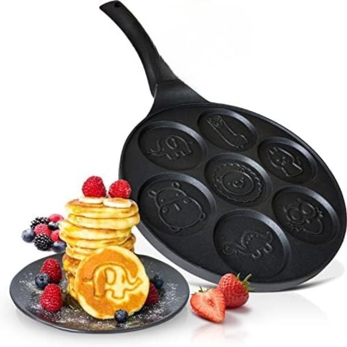 Famanu – Pannenkoekenpan met dierenvormen 26 cm, 7 vrolijke figuren voor mini pannenkoeken, antiaanbaklaag, geschikt voor inductie, gas, keramisch en elektrisch
