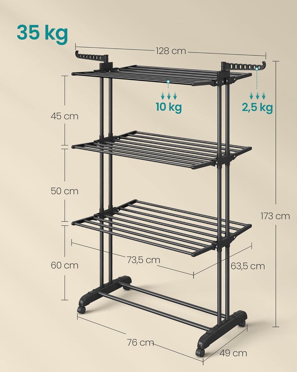 SONGMICS - Droogrek met 4 niveaus - wasrek - opklapbare vleugels en wielen - 63,5 x 128 x 173 cm - groot - eenvoudig te monteren - inktzwart
