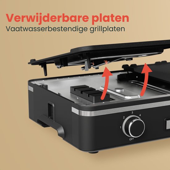 KitchenBrothers Elektrische Grillplaat - Bakplaat met Temperatuurregeling - Plancha - Gourmet - Tafelgrill - 2400W - 30,5x52 cm - Zwart — afbeelding 5