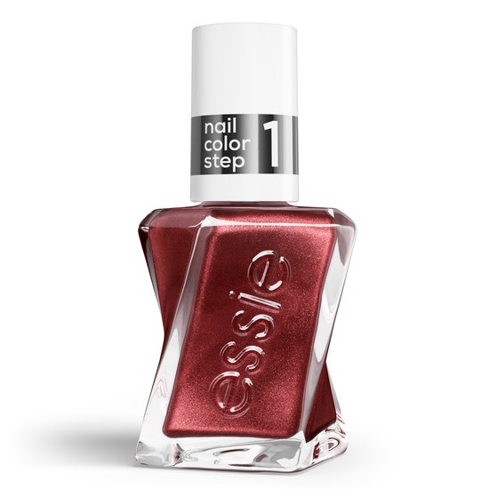 Essie nagellakflesje met roestbruine parelmoerglans nagellak. Op de fles staat 'nail color step 1'.
