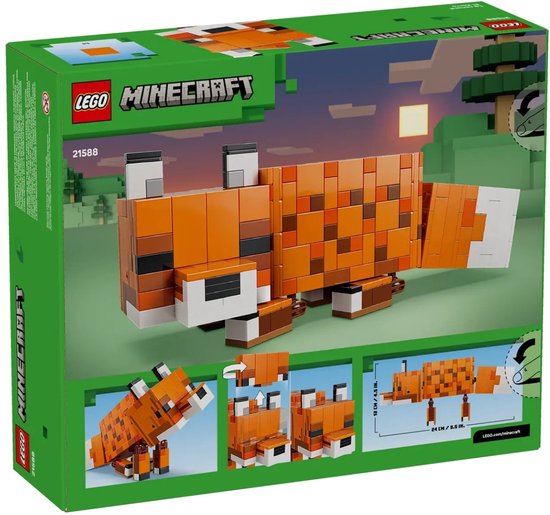 Arrière de la boîte du set LEGO Minecraft Le Renard. Montre le renard dans la forêt et les détails du renard constructible, y compris les dimensions.