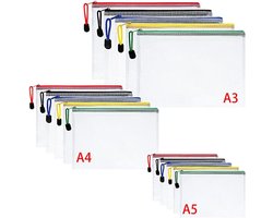 Famanu - Mesh opberghoezen, 15 A3-, A4- en A5-hoezen met ritssluiting, gaasstoffen documenten-mappen, bestandenportefeuille met gekleurde rist