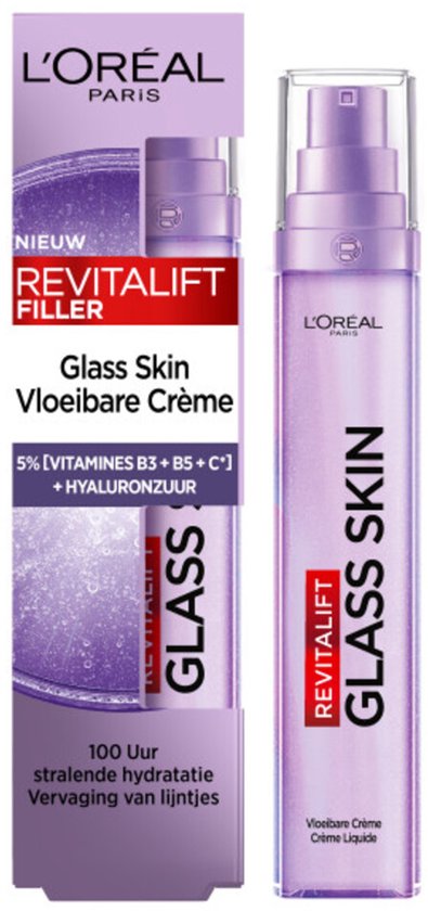 L'Oréal Revitalift Filler Glass Skin Vloeibare Crème verpakking naast de paarse pompflacon met transparante dop.