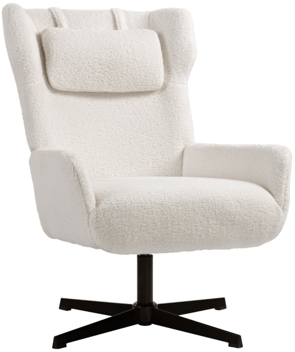 Merax Luxe Draaiende Loungestoel – Fleece Polstersessel – Ergonomische Fauteuil met Hoofdkussen – Metalen Frame – Creme Wit